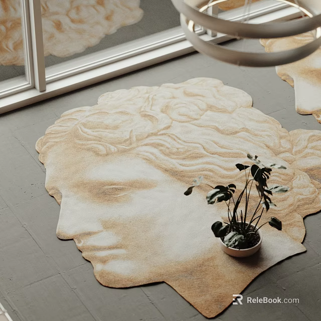 Human Head Shaped Decorative Rug on Gray Floor with Potted Plant Near Window Interior 3d model 