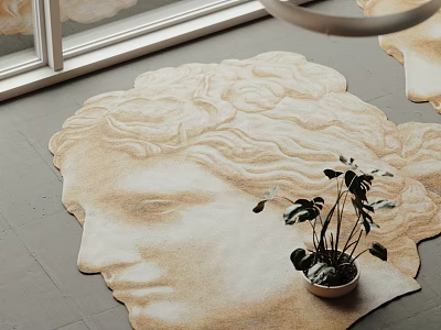 Human Head Shaped Decorative Rug on Gray Floor with Potted Plant Near Window Interior 3d model