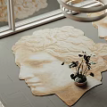 Human Head Shaped Decorative Rug on Gray Floor with Potted Plant Near Window Interior