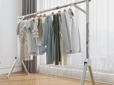 Silver Metal Freestanding Garment Rack With Various Soft Colored Clothes On Wooden Floor 3d model