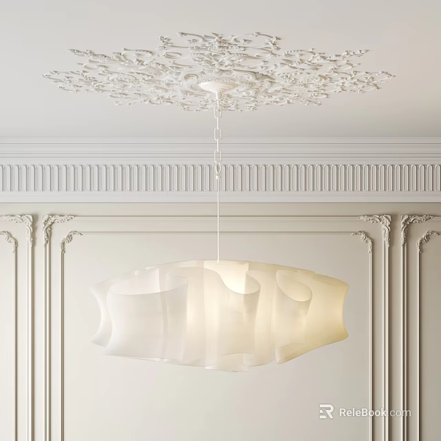 Modern Curved Chandelier with Soft Lighting in Room with Ornate Ceiling Molding and Paneled Walls 3d model 