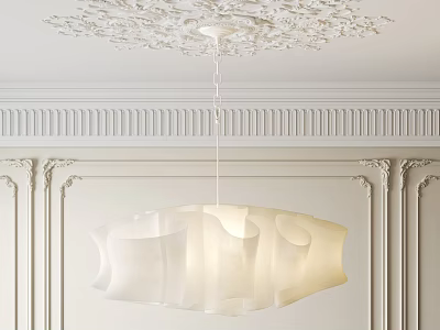Modern Curved Chandelier with Soft Lighting in Room with Ornate Ceiling Molding and Paneled Walls 3d model