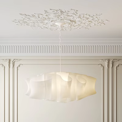 Modern Curved Chandelier with Soft Lighting in Room with Ornate Ceiling Molding and Paneled Walls 3d model