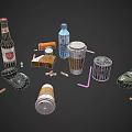 daily necessities combination daily necessities cans old cigarette butts bottles plastic straw cans coffee cups 3d model