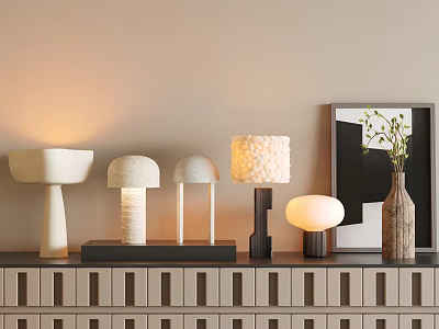 Modern TV Stand With Various Designed Table Lamps Beige Wall Decorative Art Vase And Plants 3d model