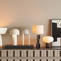 Modern TV Stand With Various Designed Table Lamps Beige Wall Decorative Art Vase And Plants
