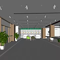 Modern Bank Interior With Open Space Reception Desk Tables Chairs Green Plants And Posters