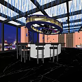 Modern Bar with Blue Lighting Round Counter City Night View High Stools and Neon Decor
