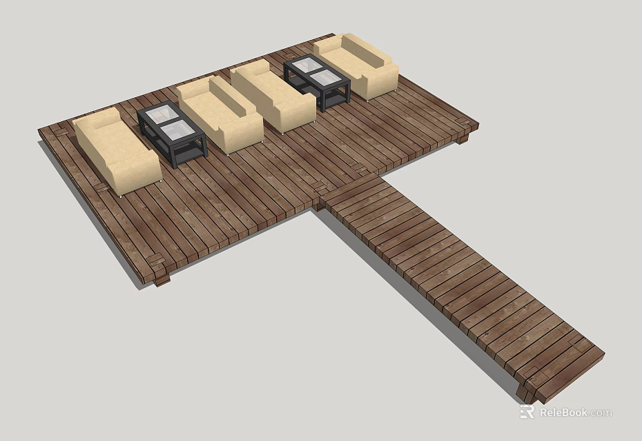 Wooden Deck Design With Beige Sofas And Black Coffee Tables 3d model