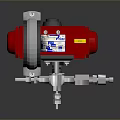 Detailed View of Red Industrial Mechanical Device with Silver Metal Components Label and Connecting Pipes