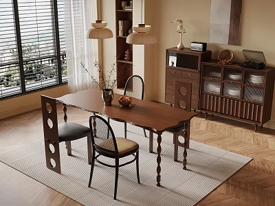 Cozy Modern Dining Room Interior With Wooden Table Chairs Pendant Lights And Window Blinds 3d model