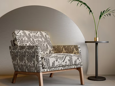 Stylish Accent Chair with Intricate Patterns Wooden Legs and Side Table Plant 3d model