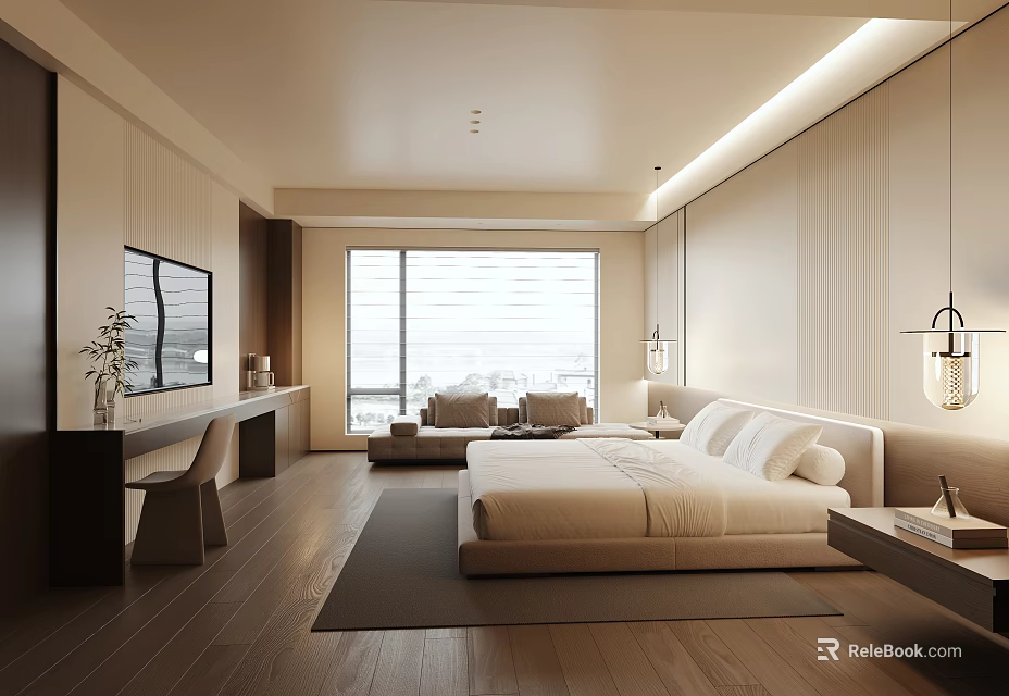 Modern Hotel Guest Room With Minimalist Design Large Window Bed Sofa Desk And Wooden Floor 3d model 