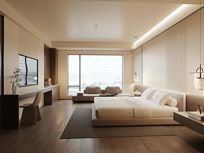 Modern Hotel Guest Room With Minimalist Design Large Window Bed Sofa Desk And Wooden Floor 3d model