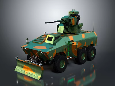 Military Armored Vehicle With Camouflage Paint Six Wheels Weapon System Front Bulldozer Blade 3d model