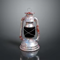 Vintage Kerosene Lamp With Rustic Metal Frame And Black Glass Shade