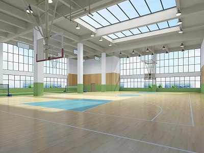 Basketball Gym Interior With Wooden Floor Court Basketball Hoops Skylights And Large Windows 3d model