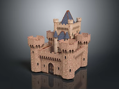 Detailed Stone Brick Castle Model With Multiple Towers And Blue Roofs 3d model