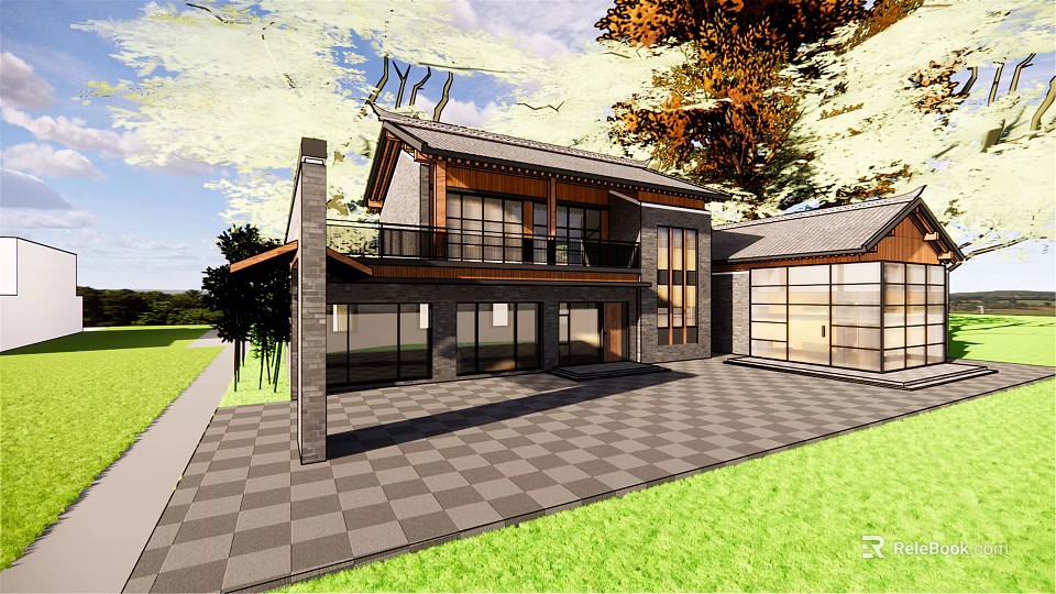 Modern Boutique Guesthouse Architecture With Sloped Roof Large Windows And Checkerboard Patio 3d model 