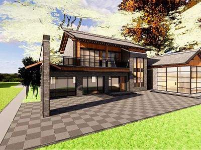 Modern Boutique Guesthouse Architecture With Sloped Roof Large Windows And Checkerboard Patio 3d model