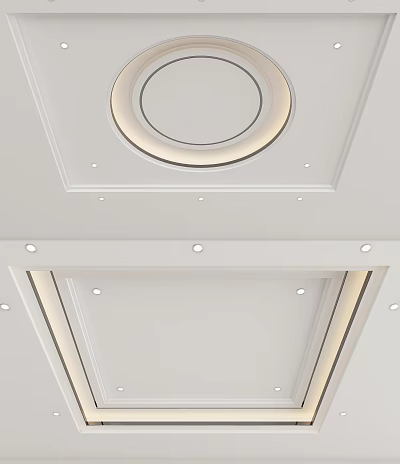 Modern Ceiling Design With Circular Light Recessed Spots And Linear Lights 3d model
