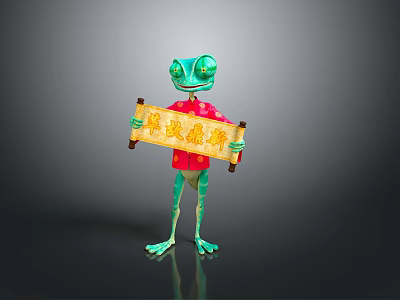 Green Frog With Large Eyes Wearing Red Clothing Holding Scroll On Reflective Background 3d model