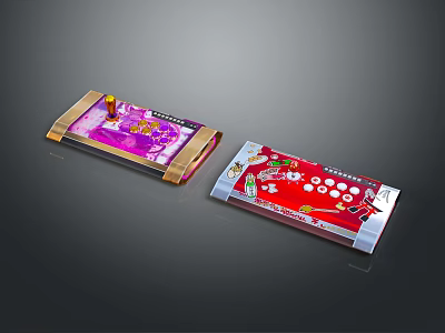Two Colorful Handheld Electronic Devices With Pink Gold And Red White Panels And Buttons 3d model