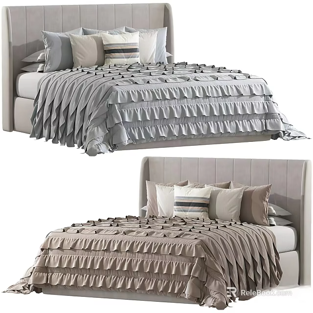 Stylish Double Bed With Ruffled Bedspread Upholstered Headboard And Decorative Pillows 3d model 