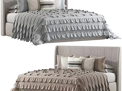 Stylish Double Bed With Ruffled Bedspread Upholstered Headboard And Decorative Pillows 3d model