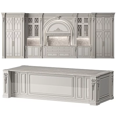 Classic Kitchen Cabinets Design With Carved Details Arched Top And Glass Doors 3d model