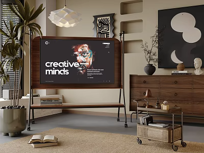 Modern TV In Contemporary Living Room With Wooden Cabinet Decorative Plants And Pendant Light 3d model