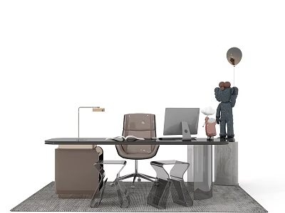 Modern Office Desk With Office Chair Table Lamp Computer Monitor Decorative Toys And Rug 3d model