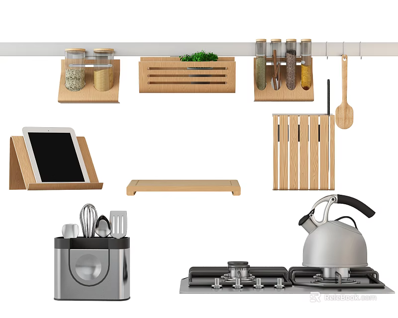 Organized Kitchenware Set With Hanging Jars Herb Box Knives And Utensil Holder 3d model 