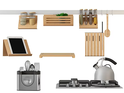 Organized Kitchenware Set With Hanging Jars Herb Box Knives And Utensil Holder 3d model