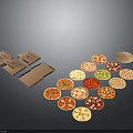 Display of Various Tasty Pizza Varieties with Colorful Packaging Boxes