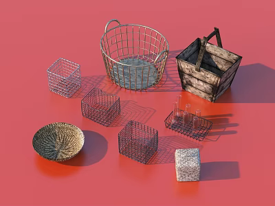 Assorted Round and Square Storage Baskets with Wire Mesh and Woven Designs for Home Organizing 3d model