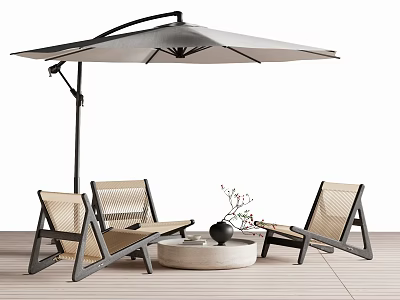 Stylish Round Outdoor Table With Lounge Chairs And Sun Umbrella In Patio Setting 3d model