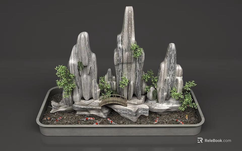 Natural Style Ornament Decoration Set with Rockery Stones Small Plants and Bridge on Tray Base 3d model 