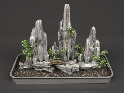 Natural Style Ornament Decoration Set with Rockery Stones Small Plants and Bridge on Tray Base 3d model