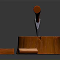 Wooden Stump Chopping Scene with Axe and Chopped Wood Pieces