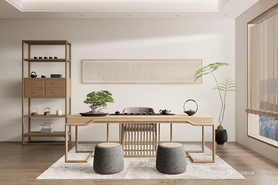 Chinese Style Tea Room Interior With Wooden Table Stools Green Plants And Scroll Painting 3d model 