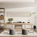 Chinese Style Tea Room Interior With Wooden Table Stools Green Plants And Scroll Painting