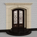 Double Doors With Ornate Glass Panels And Stone Frame In Brick Wall Setting
