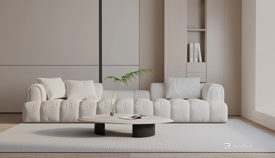 Modern White Three Seater Sofa In Living Room With Coffee Table And Green Plant 3d model 