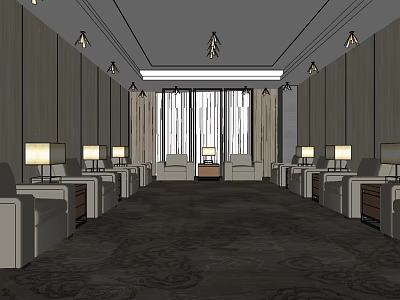 Spacious Modern Hotel Public Lounge Area With Sofas Table Lamps And Chandeliers 3d model