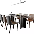Modern Rectangular Dining Table Set With Brown Black Chairs And Pendant Light 3d model