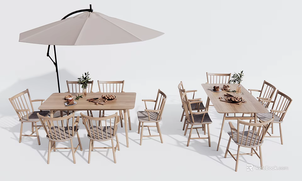 Outdoor Wooden Table Set With Matching Chairs Parasol And Plants For Patio Dining Area 3d model 