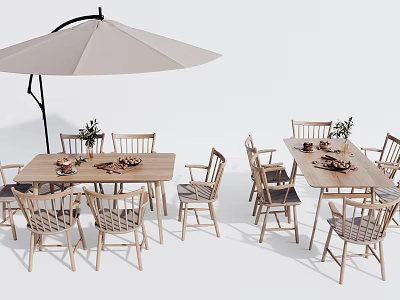 Outdoor Wooden Table Set With Matching Chairs Parasol And Plants For Patio Dining Area 3d model