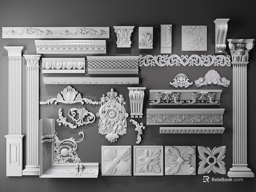 Ornate Carved Architectural Decorations Featuring Cornices Columns Panels And Floral Patterns 3d model 