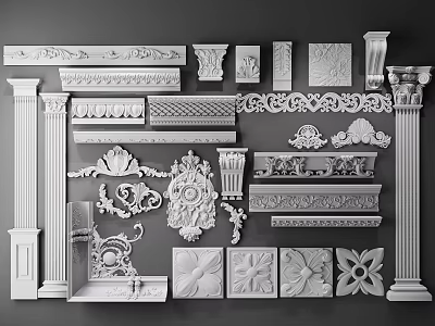 Ornate Carved Architectural Decorations Featuring Cornices Columns Panels And Floral Patterns 3d model